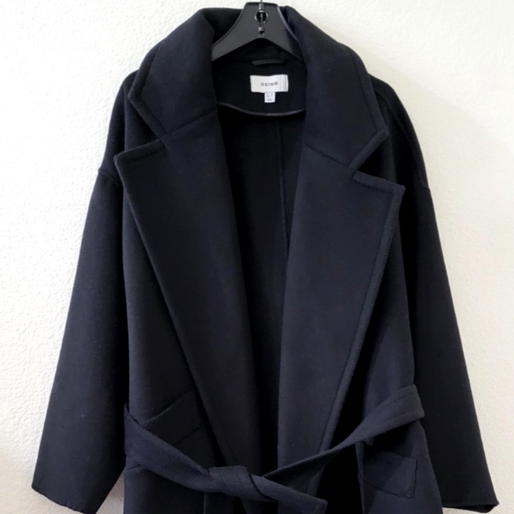 Unworn Reiss Black Bridget Belted Wool Blend Long Coat - Picture 7 of 11